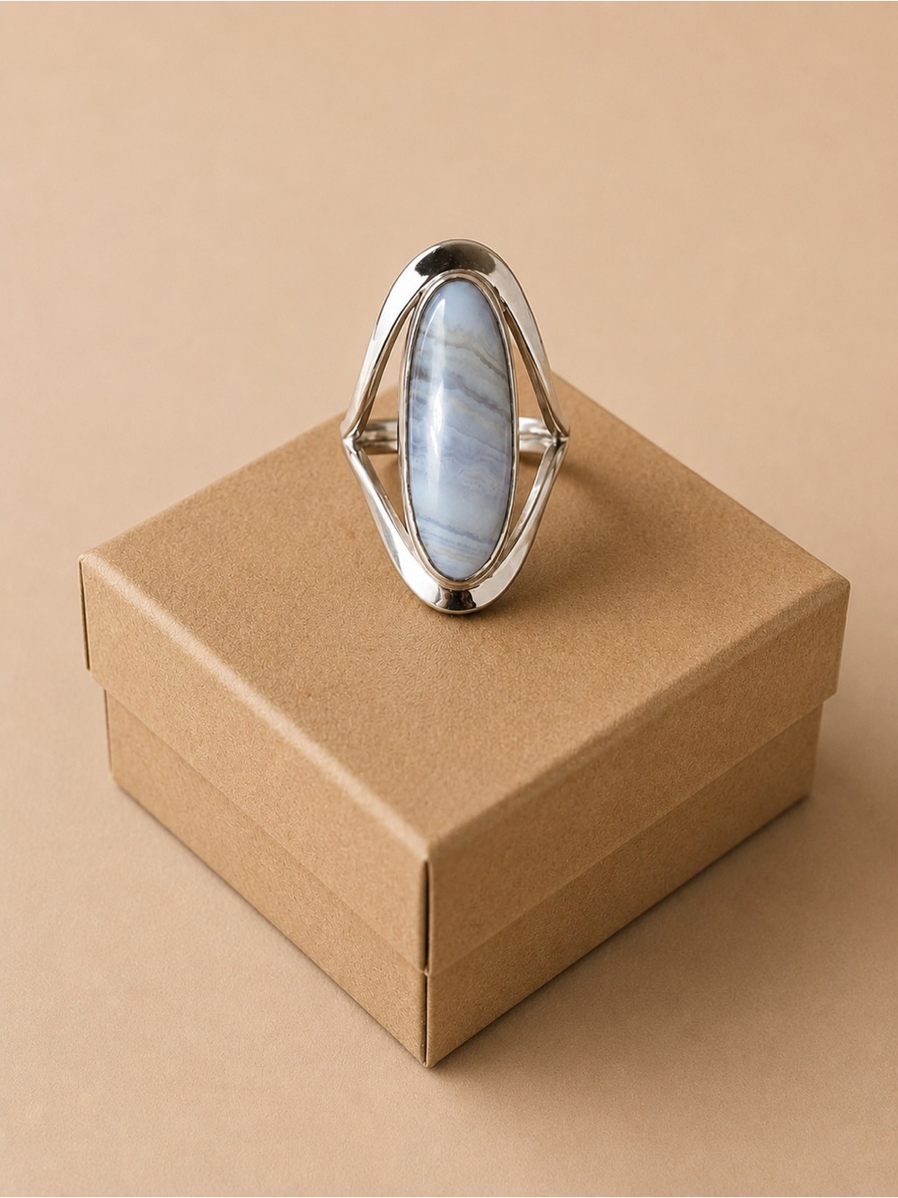 Blue Lace Agate Statement Ring/ Elongated Oval Stone